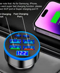 Close-up of High Power USB C Car Charger 6 In 1 With Voltage Display 250W Multi Port Cigarette Lighter Adapter with a voltage reading and smartphone charging.