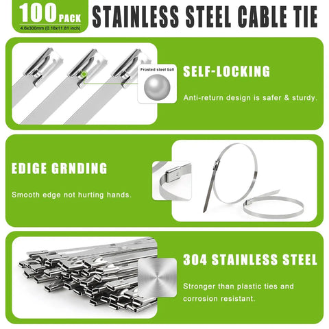 Beefy Heavy Duty Stainless Steel Zip Ties 100 Pack with features of self-locking, smooth edges, and 304 stainless steel.