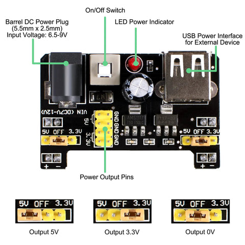 Electronics Component Starter Kit For Arduino And Raspberry Pi With Power Supply Module Jumper Wires Precision Potentiometer 830 Tie Point Breadboard And 485 Plus Components For STEM Learning Ideal For Beginners To Pros showing power supply module, labeled inputs and outputs, USB interface.