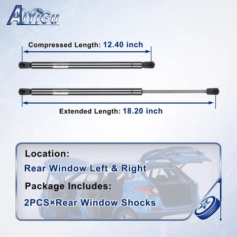 Heavy Duty Rear Window Shock Strut And Liftgate Opener Support For 2001 To 2007 Ford Escape Plus 2005 To 2007 Mercury Mariner compressed and extended lengths shown.