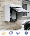 Top Shelf Electric Vehicle Charger Cover Box Crafted From Solid Galvanized Steel Featuring Magnetic Acrylic Panel For Wall Mounted Outdoor Charging Stations Weather Tight Enclosure That Handles Any Damn Weather, installed on a stone wall with snow.