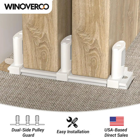 Sliding Closet Door Floor Guide With Riser Plate White Finish DIY Friendly Adjustable Bypass Guide Upgraded Three Roller Design Height Adjustable Dual Sided Rollers No Wobble For Non Standard Door Thicknesses And Uneven Floors installed on carpet with doorway.