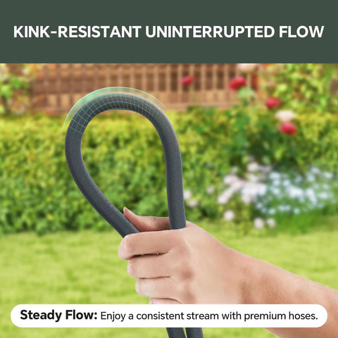 Front view of 75ft non-expanding garden hose, black and gray, looped and held in a hand outdoors