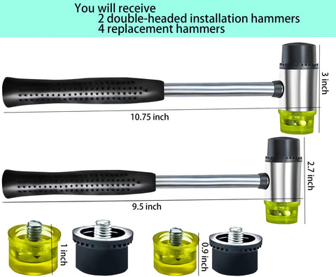 Two Pack Double Head Plastic And Rubber Hammer With Soft Faces 25Mm And 35Mm Heads Includes Replacement Heads For Jewelry Making Leather Craft Woodworking And Flooring Installation
