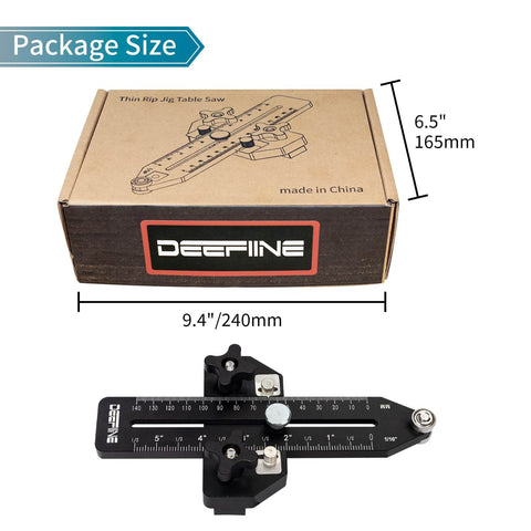 Thin Rip Jig For Table Saw Fast Safe Narrow Strip Cuts Repetitive Thin Strips Dual Bearings For Stable Consistent Thickness Easy Ripping Guide For Woodworking Projects And DIY Shop Use, shown with packaging and dimensions.