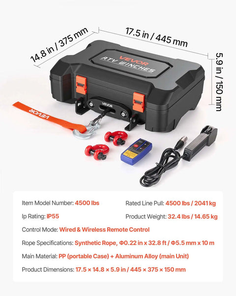 Beefy Portable 4500 Lbs 12V DC Electric Winch With Synthetic Rope Wireless And Wired Remotes Box Style Recovery Kit With Fairlead Clevis Hook And Straps For ATV UTV Off Road Pulling. Portable box-style ATV winch kit with synthetic rope, remote, hook, and straps.