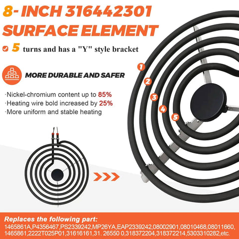 8 Inch Electric Coil Burner Replacement Element 2600W Fits Whirlpool Frigidaire Kenmore Stovetops MP26YA 316442301