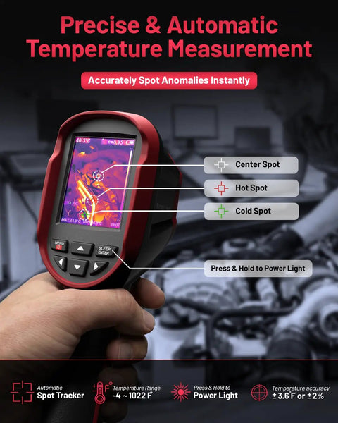 Handheld Thermal Imaging Camera With 240 By 240 TSIR Sensor, -4F To 1022F Range, 25Hz Refresh Rate, 18 Hour Battery, 2.8 Inch Screen, LED Lamp, 16 GB Storage, Temp Alerts, Auto Shutdown, IP54 Rugged Design in hand