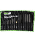 18-Piece Pro Grade Heavy Duty Roll Pin Punch Gunsmithing Set with storage pouch, showing roll pin punches and long pin punches.