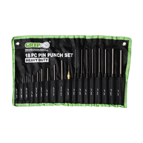 18-Piece Pro Grade Heavy Duty Roll Pin Punch Gunsmithing Set with storage pouch, showing roll pin punches and long pin punches.