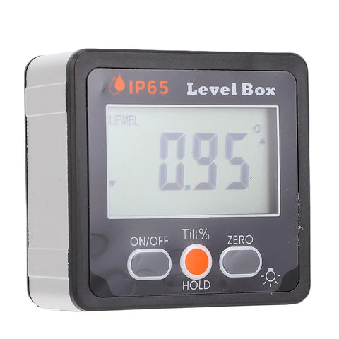 Built Tough Heavy Duty Digital Angle Finder With Crisp Backlit LCD Screen And Rock Solid Magnet Magnetic Level Box Inclinometer with IP65 rating.