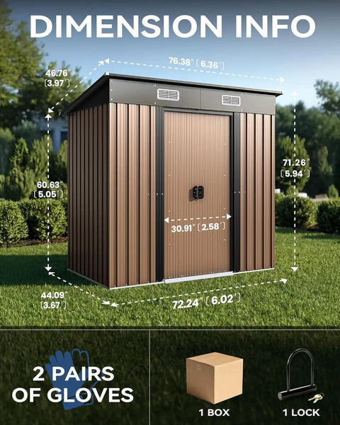 Dimension details of 6x4Ft Outdoor Storage Shed Waterproof Metal Garden Shed with Lockable Sliding Door shown in a garden setting.