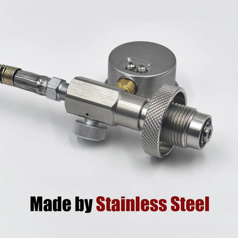 Close-up of Heavy Duty Paintball And Airsoft Tank Fill Station With 37 Inch Hose Stainless Steel Build, DIN Thread Five Eighth BSPP
