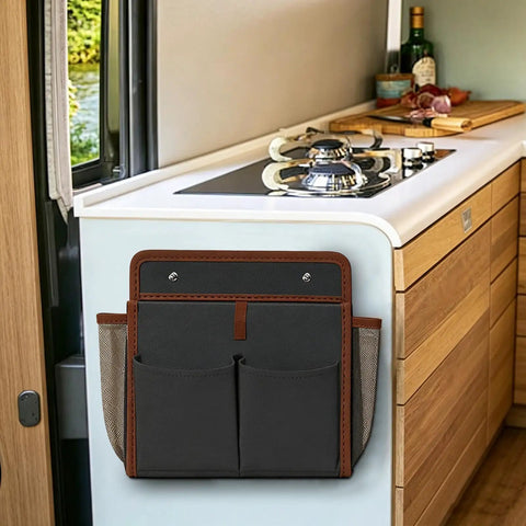Heavy Duty RV Wall Organizer With Adhesive Pockets on kitchen wall, large capacity storage solution for campers, no drilling