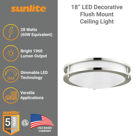 18 Inch LED Flush Mount Ceiling Light Dimmable And Color Selectable 2700K To 5000K 28W 1960 Lumens ETL Listed