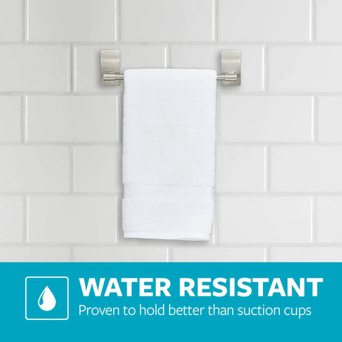 Satin Nickel Hand Towel Bar With 4 Water Resistant Strips, 9 Inch Holder mounted on bathroom tile with a towel.