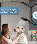 Woman washing dog with Dual Filtered Rain Shower Head Set With High Pressure Handheld And Adjustable Bar Filter For Hard Water Removes Chlorine For A Pro Grade Shower Experience in bathroom.