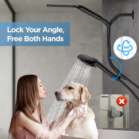 Woman washing dog with Dual Filtered Rain Shower Head Set With High Pressure Handheld And Adjustable Bar Filter For Hard Water Removes Chlorine For A Pro Grade Shower Experience in bathroom.