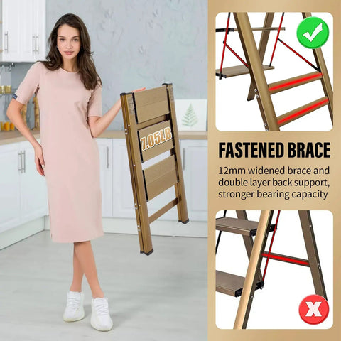 Woman holding Lightweight Aluminum 3 Step Folding Ladder With Wide Anti Slip Pedals, 330 Lb Capacity in home setting
