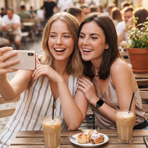Two women smiling while taking a selfie, featuring a smart watch on one wrist, enjoying drinks and pastries outdoors.