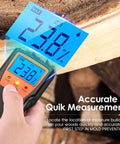 Person using Wood Moisture Meter For Firewood With Digital Pin Type Tester No Brainer Tool For Lumber And Building Materials Detect Water Dampness Visual High Medium Low Alerts For Easy Drying And Prevent Cracks on log