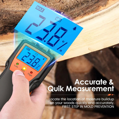 Person using Wood Moisture Meter For Firewood With Digital Pin Type Tester No Brainer Tool For Lumber And Building Materials Detect Water Dampness Visual High Medium Low Alerts For Easy Drying And Prevent Cracks on log