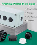 2 Inch Plastic Hole Plugs Flush Type Panel Snap In Locking Door Shelf Hole Cover For Round Drilling Holes Cabinet Cupboard Shelves End Caps Black Set Of 4 displayed on a block