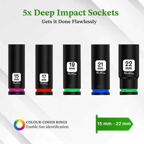 Half Inch Impact Socket Set Five Piece Metric Sizes 15 17 19 21 22 For Impact Wrench Auto Repair And Home DIY Heavy Duty Alloy Steel Mechanic Tool Kit