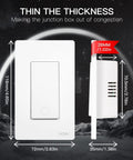 Smart Light Switches 2.4GHz WiFi Single Pole and 3 Way Wall Switches, side view showing dimensions, white surface, 4-pack.