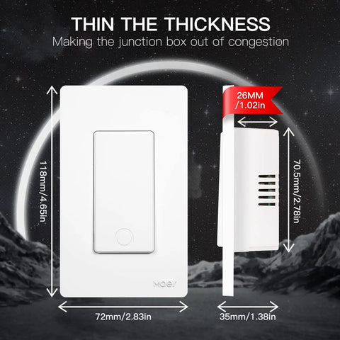 Smart Light Switches 2.4GHz WiFi Single Pole and 3 Way Wall Switches, side view showing dimensions, white surface, 4-pack.