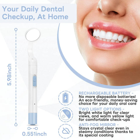 Go To Rechargeable LED Dental Mirror With USB Charging, Fog Free Surface, White And Yellow Dual Lighting, Detachable Design For Easy Cleaning, Compact And Portable For Home Or Clinic Use, Blue, 5.98-inch