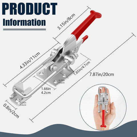 Heavy Duty Toggle Latch Clamp Set With 2000 Lbs Holding Capacity, adjustable in carbon steel zinc plated, shown with dimensions