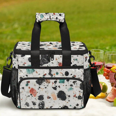 Insulated Go-To Picnic Backpack Lunch Box In Stone Marble, Large 12x8.7x10 Inch Tote on picnic blanket with fruits and wine.