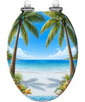 Elongated Toilet Seat Slow Close Quick Release Bathroom with beach design, 14.5" x 18.5", featuring palm trees and ocean view.
