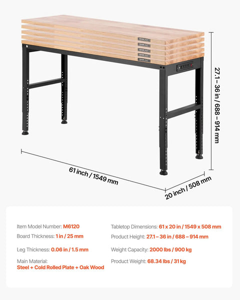 Heavy Duty Adjustable Workbench With 2000 Lb Capacity 61 By 20 Inch Surface Height Adjustable From 27.1 To 36 Inches Built In Power Outlets Perfect For Garage Shop Or Office showing oak surface and steel frame dimensions.