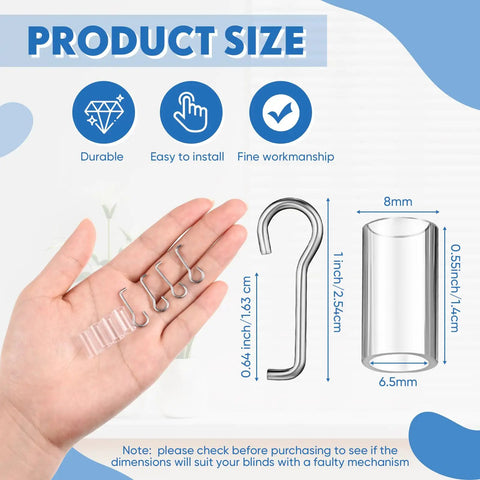 Hand holding components of the 4 Pack Wand Wire And Sleeve Collar Replacement Kit For Horizontal Mini Blinds, showing hooks and sizes.