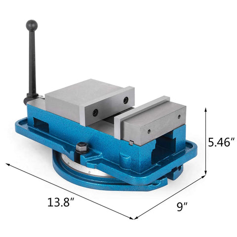 Built Tough Five Inch Precision Milling Vise With 360 Swivel Base And Rock Solid Lock Down Action For Cnc Drill Presses and Pro Grade Workshop Bench Clamps, 13.8-inch length, blue finish.