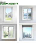 Four window setups showcasing compatibility with Twenty Four White Nylon Window Screen Clips With Matching Screws Storm Window Retainer Hardware.