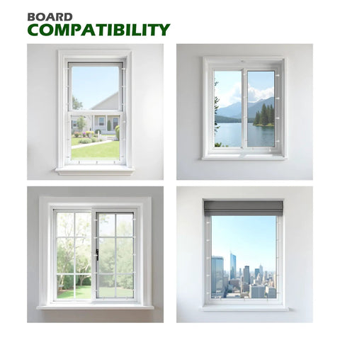 Four window setups showcasing compatibility with Twenty Four White Nylon Window Screen Clips With Matching Screws Storm Window Retainer Hardware.