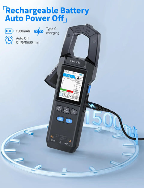 Beast Precision Digital Clamp Meter 600A TRMS with 9999 Counts on blue background showing charging feature.