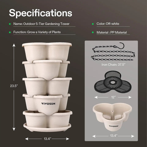 Five Tier Vertical Stackable Garden Planter For Strawberries Flowers Herbs And Veggies In Ivory Finish Space Saving Indoor Outdoor Planter Box with specifications including PP material and chains for hanging.
