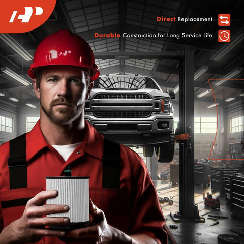 Mechanic holding oil filter with truck in background, showcasing Oil Filter With 20K Miles Upgraded Protection Compatible With Mercedes-Benz Infiniti Freightliner Models Including C350e E300 GLE350 Q50 Sprinter 1500 GLC350e GLA250 Metris A220 QX30 SLC300