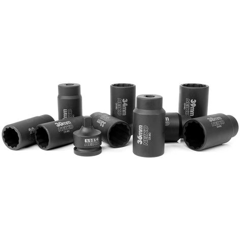 Heavy Duty 10 Piece 12 Point Socket Set For 1/2 Inch Drive With Lug Nut Remover And Axle Nut Sockets, Metric 29-39mm, Cr-Mo Impact Set