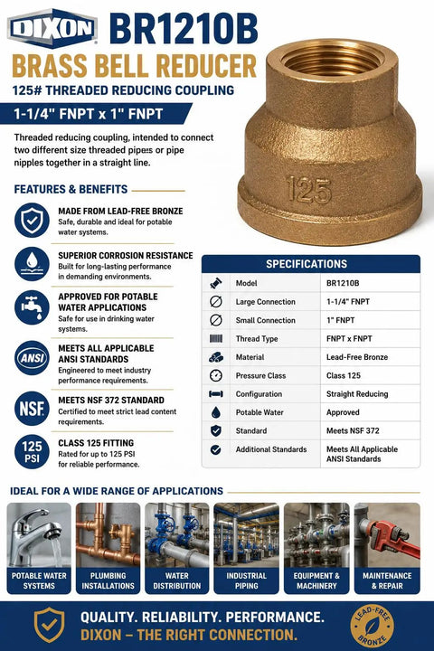 Beefy Lead Free Bronze Bell Reducer One Point Two Five Female Npt X One Inch Female Npt Threaded Pipe Connector For Potable Water Systems shown in detail.