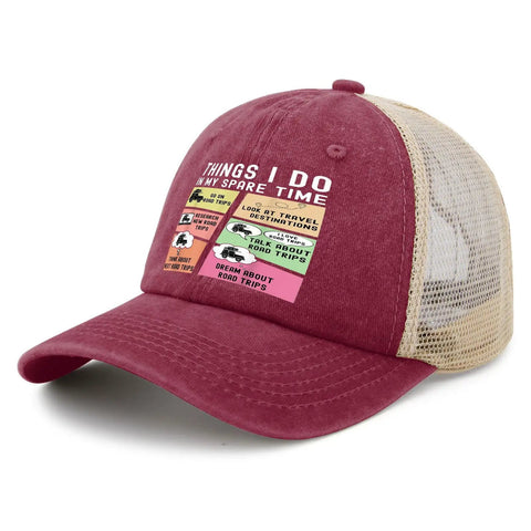 Funny Spare Time RV Camper Trucker Hat For Men With Adjustable Fit in deep rose, mesh back, colorful graphic print.