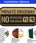 Front view of Ashoaza aluminum private driveway sign, 12x6 in, brown/tan; reads PRIVATE DRIVEWAY and NO TRESPASSING TURN AROUND (2-pack)