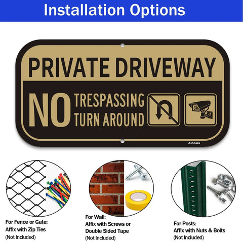 Front view of Ashoaza aluminum private driveway sign, 12x6 in, brown/tan; reads PRIVATE DRIVEWAY and NO TRESPASSING TURN AROUND (2-pack)
