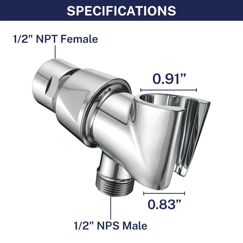 Beefy Solid Metal Handheld Shower Head Holder Chrome with 1/2" NPT and NPS connectors, 0.91" width, adjustable wall hook