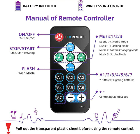 Lit UV Black Light Party Kit remote control manual showing functions and buttons for 7 lighting modes and sound activation features.