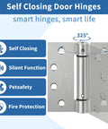 4.5 Inch Self Closing Door Hinges Brushed Nickel 2 Pack showing detailed design and features including 325 degree rotation and silent function.